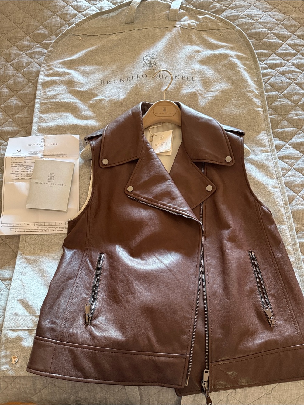 Brunello Cucinelli Brown Leather moto style vest
